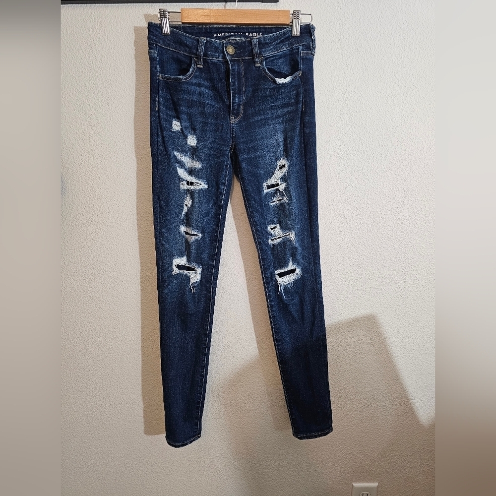 American Eagle Outfitters Dark Blue Distressed Skinny Next Level Stretch Jegging